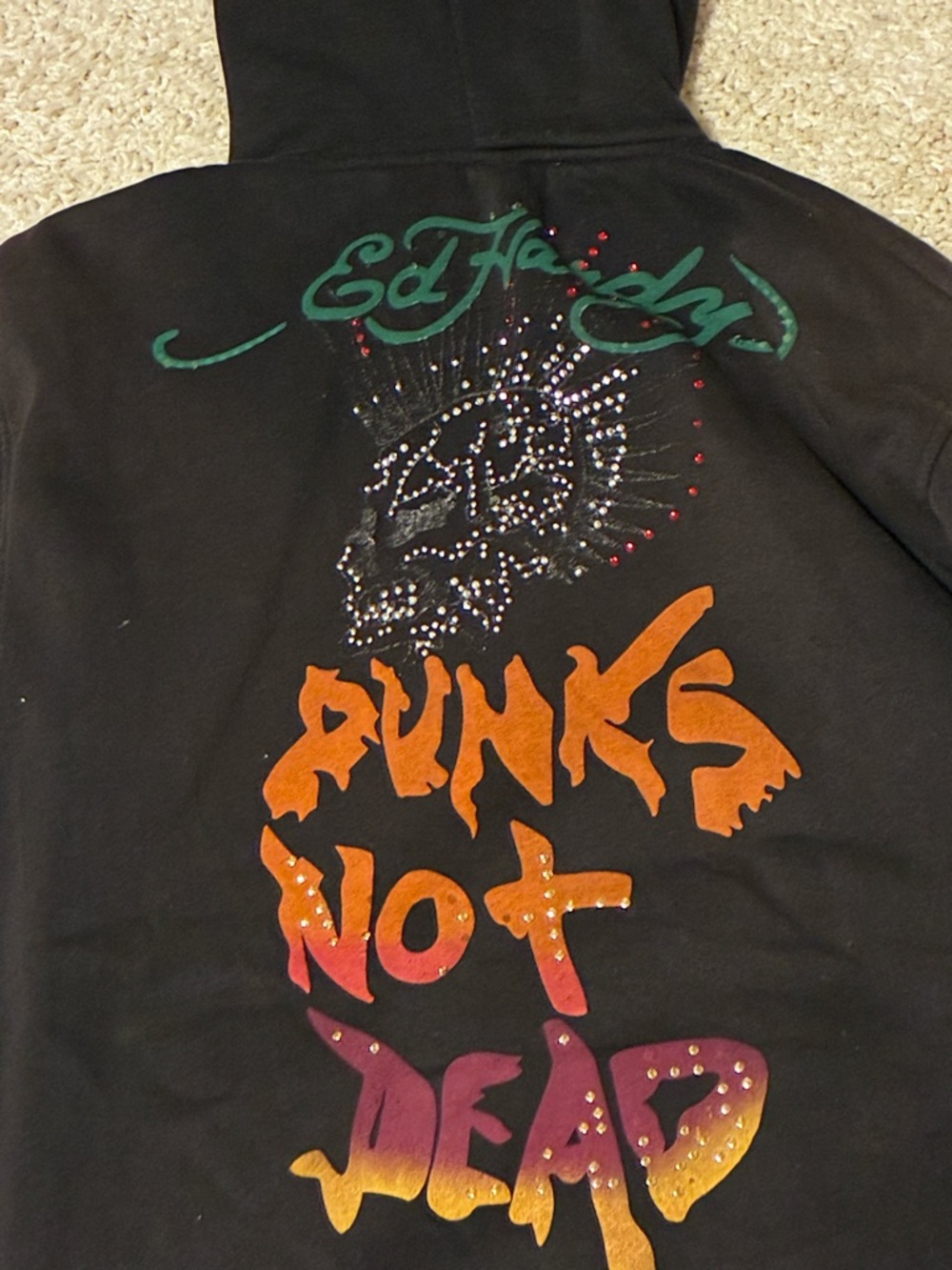 Y2K ORIGINAL Ed Hardy Black Hoodie with Green Script and Studded Skull